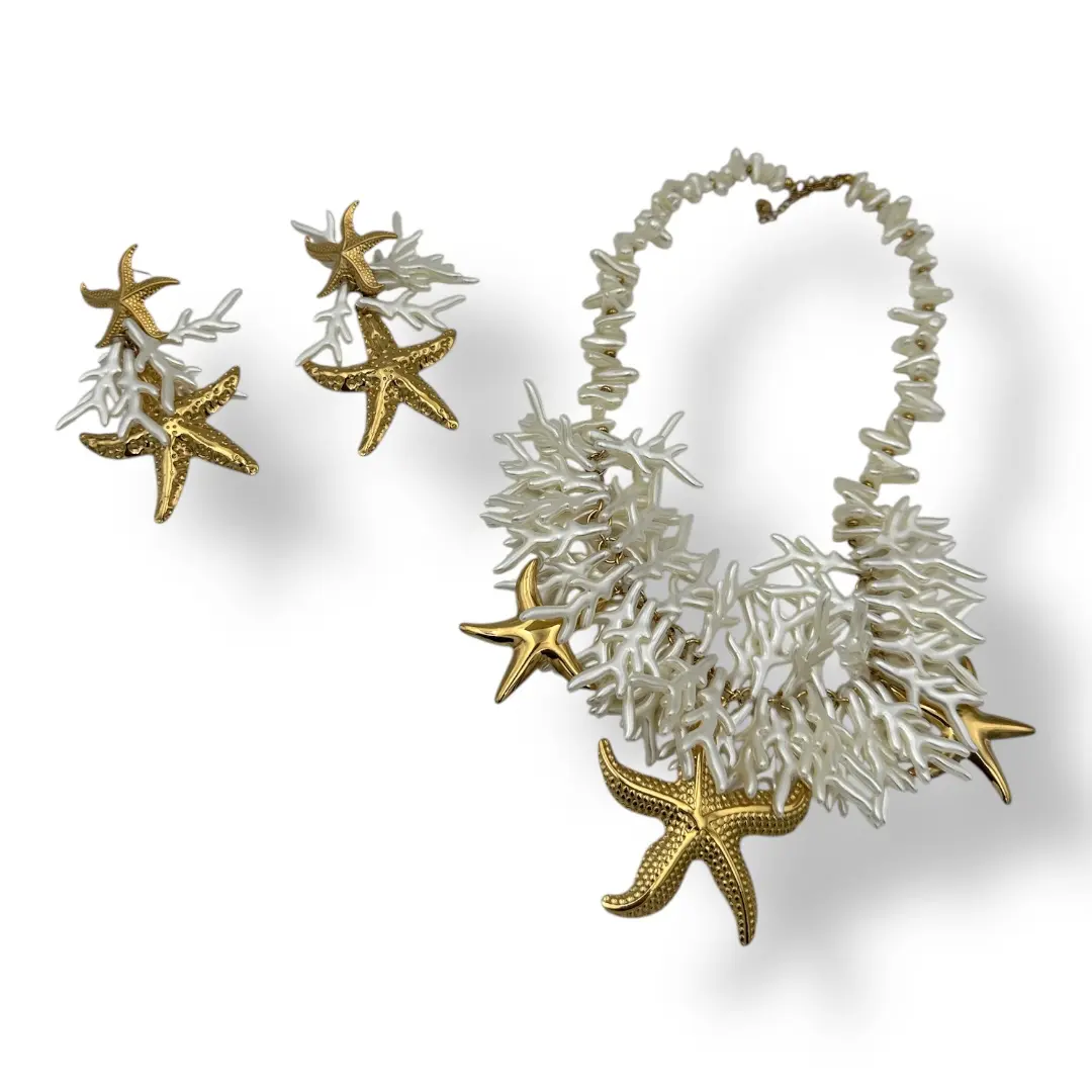 Featured image for “Coral Necklace and Earrings Set with Gold Pearl Stars”